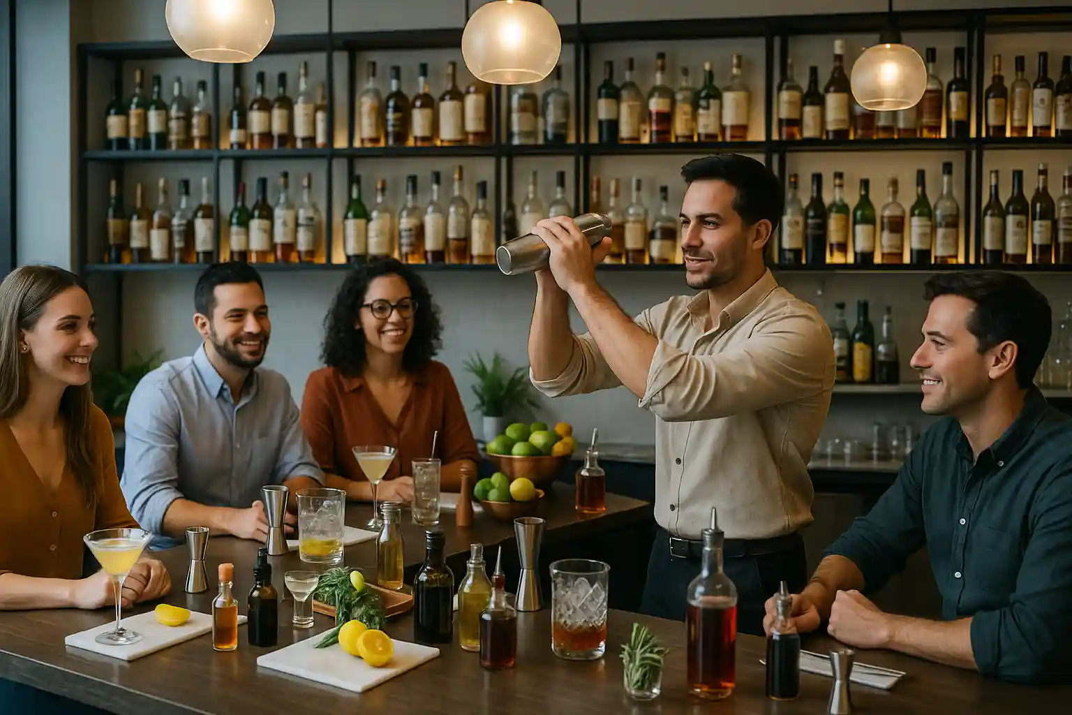 Barcelona cocktail master class with a professional mixologist, shakers, and tapas on the counter