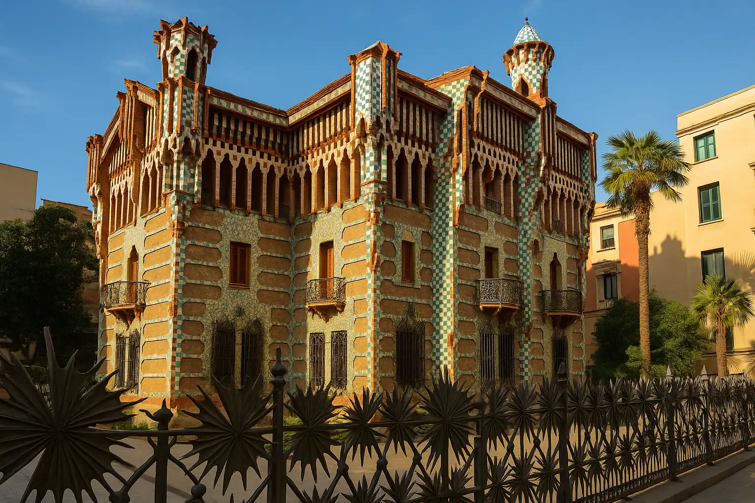 Facade of Gaudí’s Casa Vicens in Barcelona with green-and-white tiles and ornate brickwork