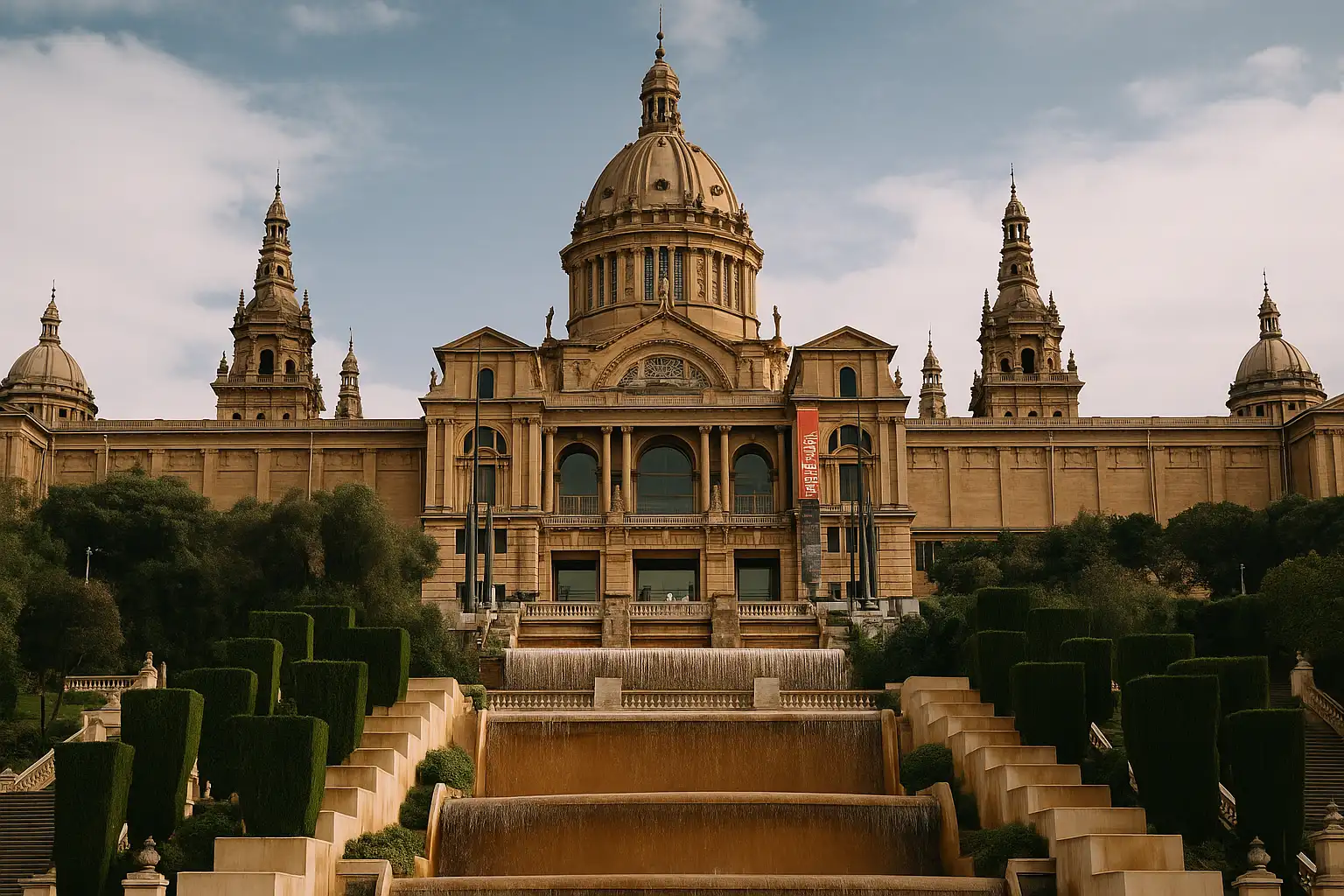 Front view of the Museu Nacional d'Art de Catalunya in Barcelona with cascading fountains