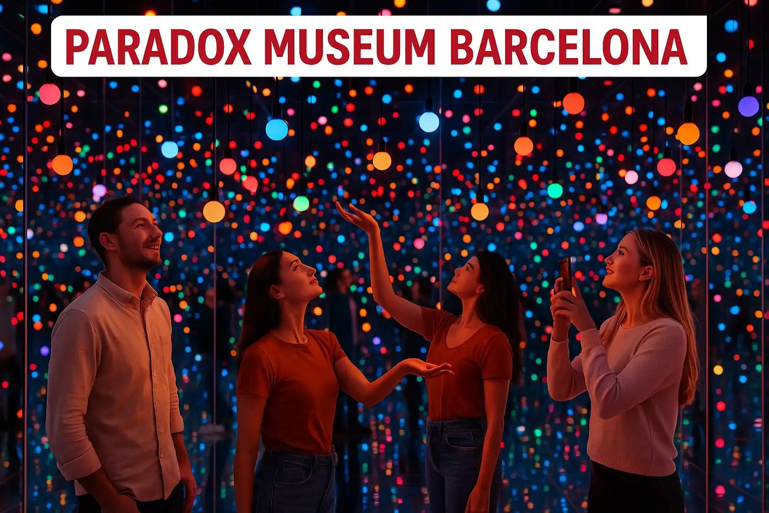 Visitors enjoying optical illusions and mirror rooms at the Paradox Museum Barcelona