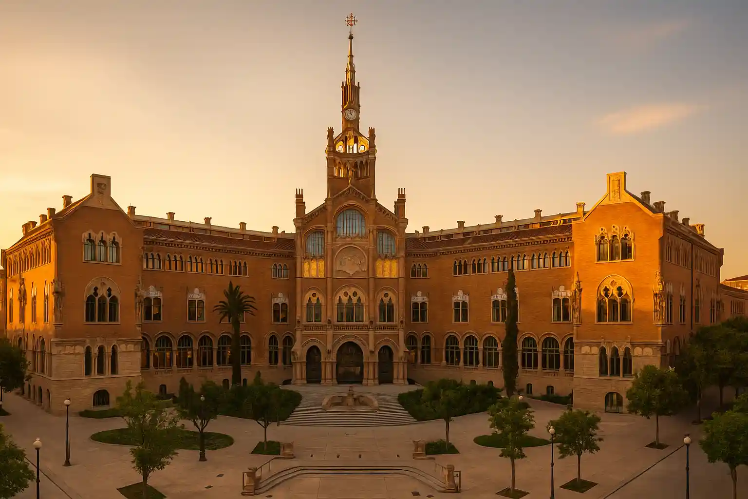 Sant Pau Recinte Modernista in Barcelona with colorful domes, mosaics and gardened pavilions