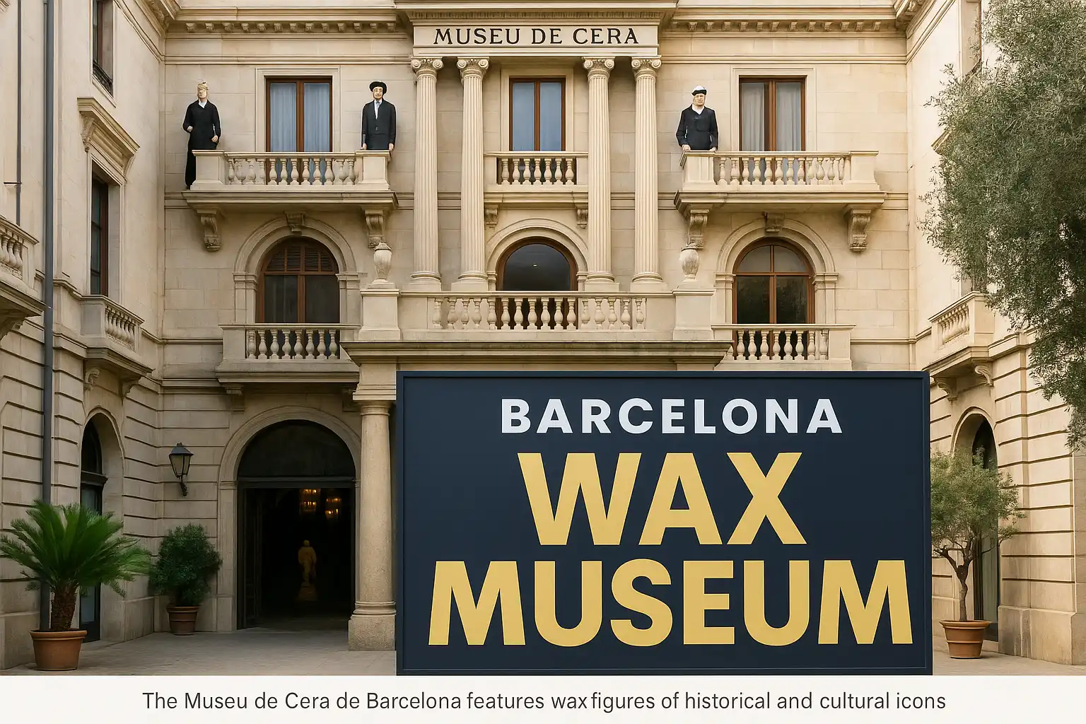 Entrance to the Wax Museum in Barcelona with statues and red carpet