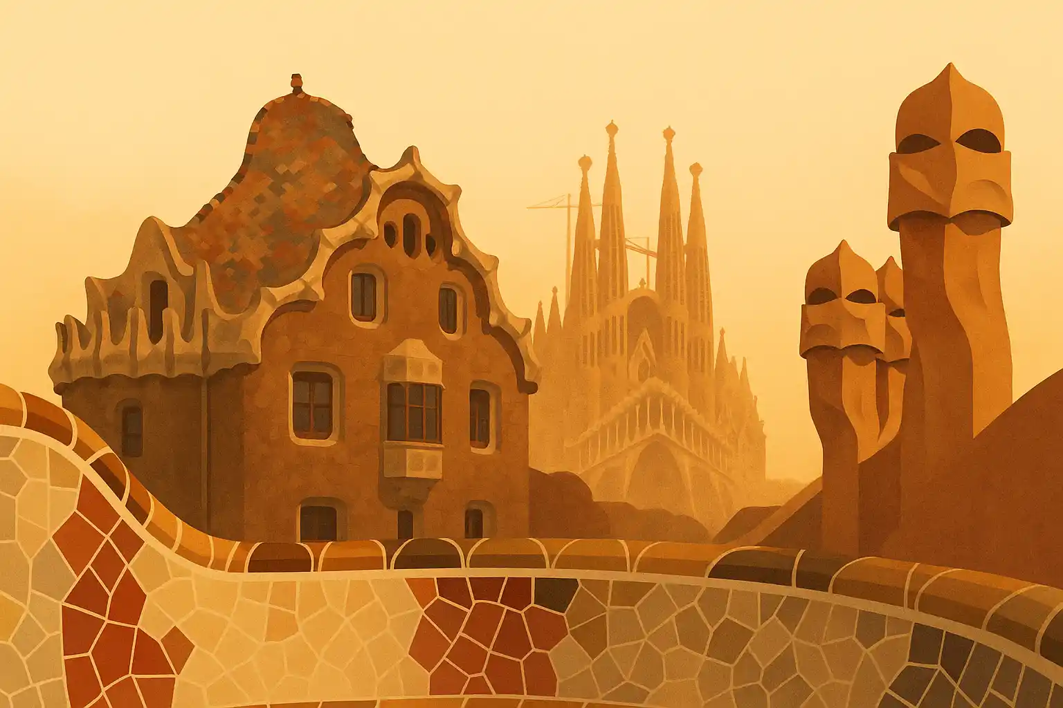 Gaudí highlights in Barcelona: Park Güell mosaic bench, Casa Batlló, Sagrada Família and La Pedrera chimneys