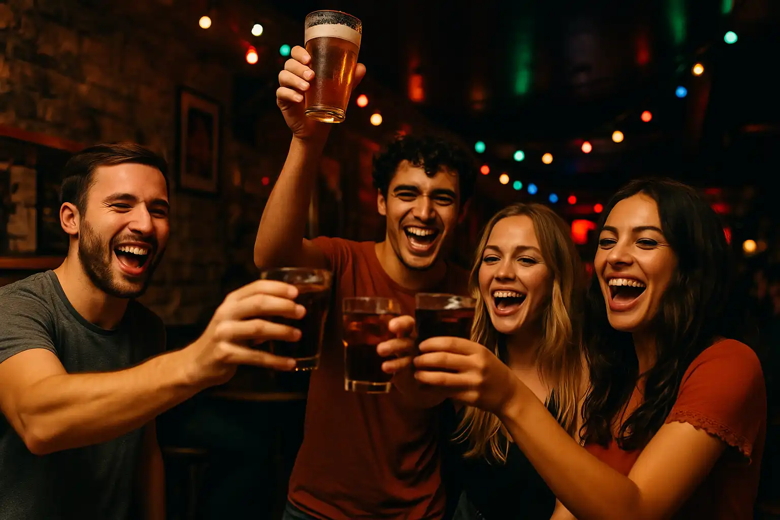 Group of travelers enjoying a pub crawl night in Madrid’s city center