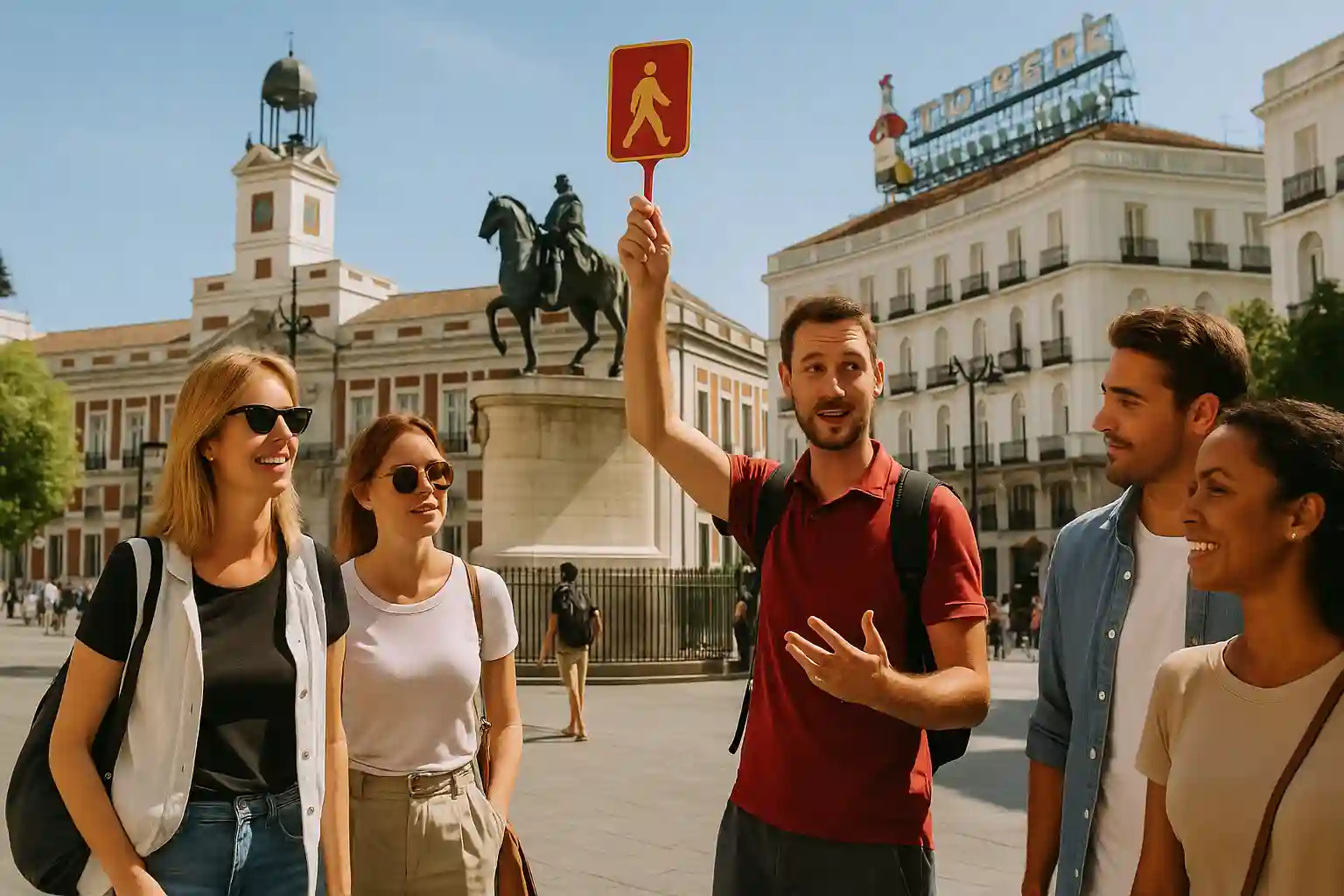 Guided walking tour crossing a sunlit plaza in Madrid’s historic center
