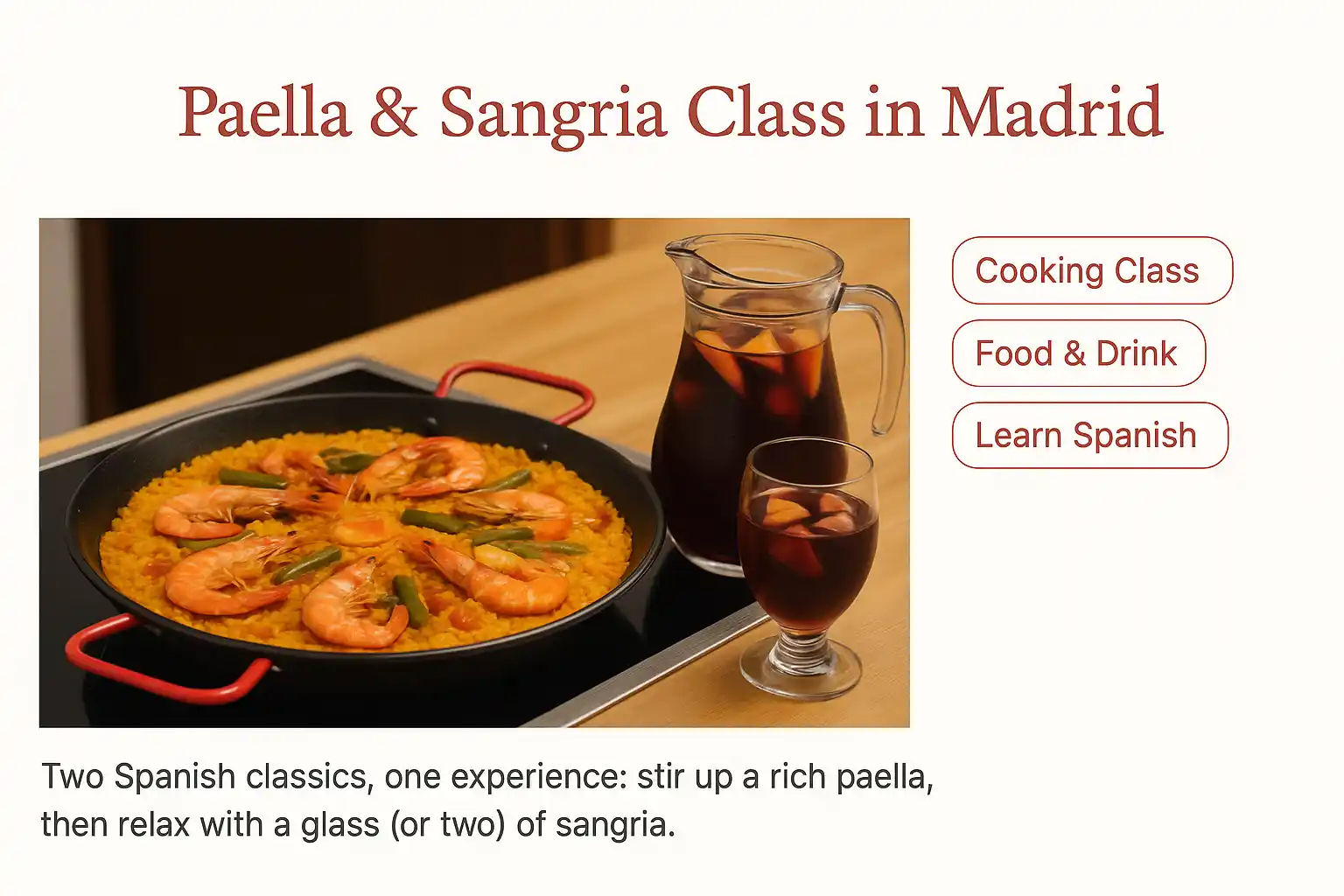 Seafood paella in a pan with a jug and glass of sangria on a wooden table