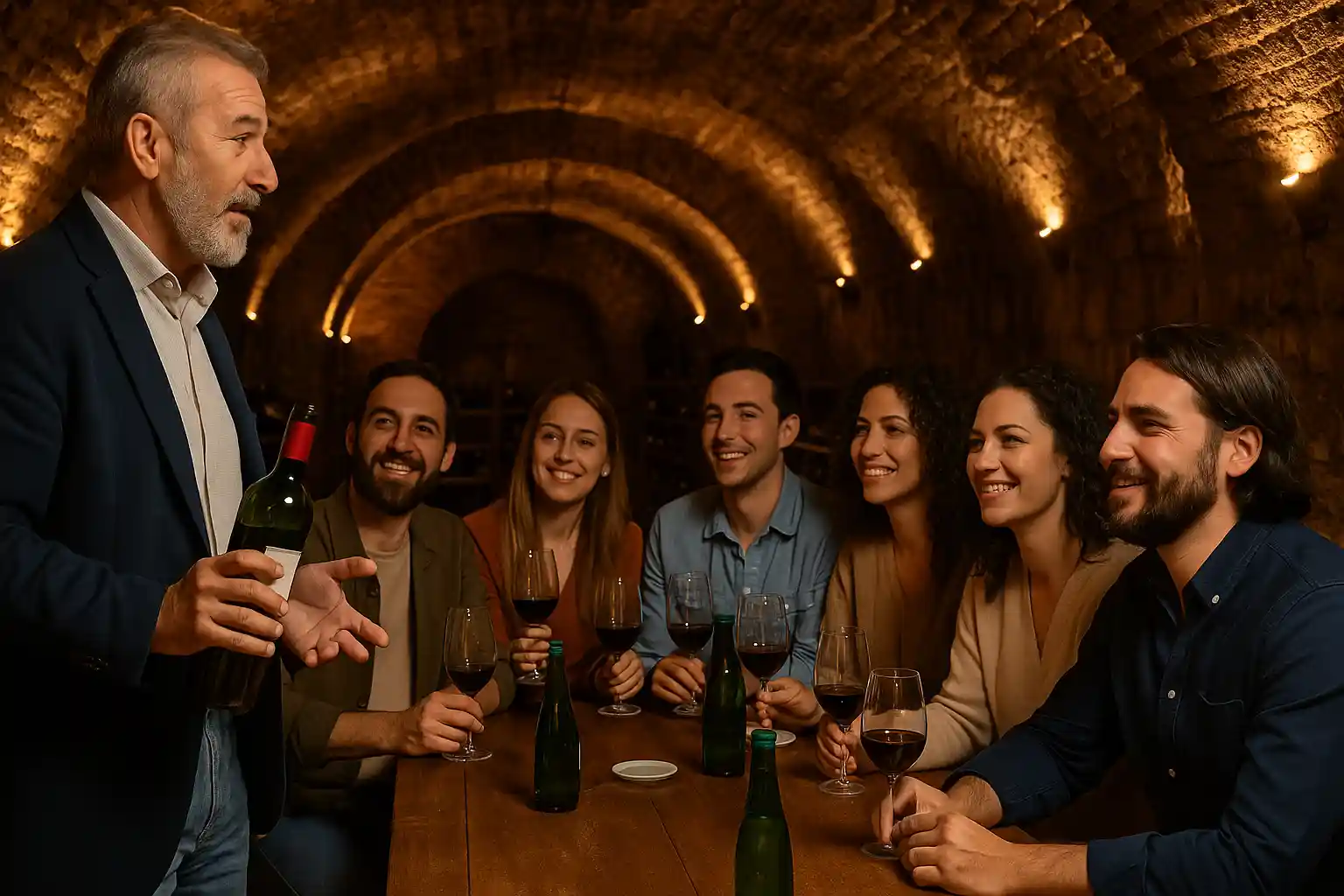 Wine tasting in a vaulted cellar near Madrid with oak barrels and glasses