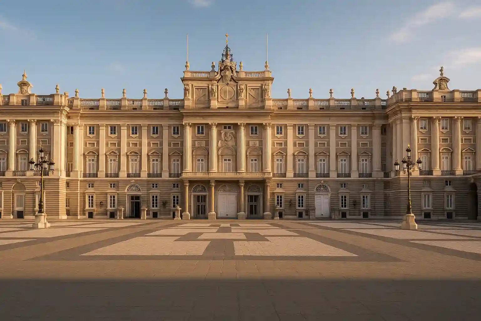 Royal Palace of Madrid façade with the main courtyard at golden hour