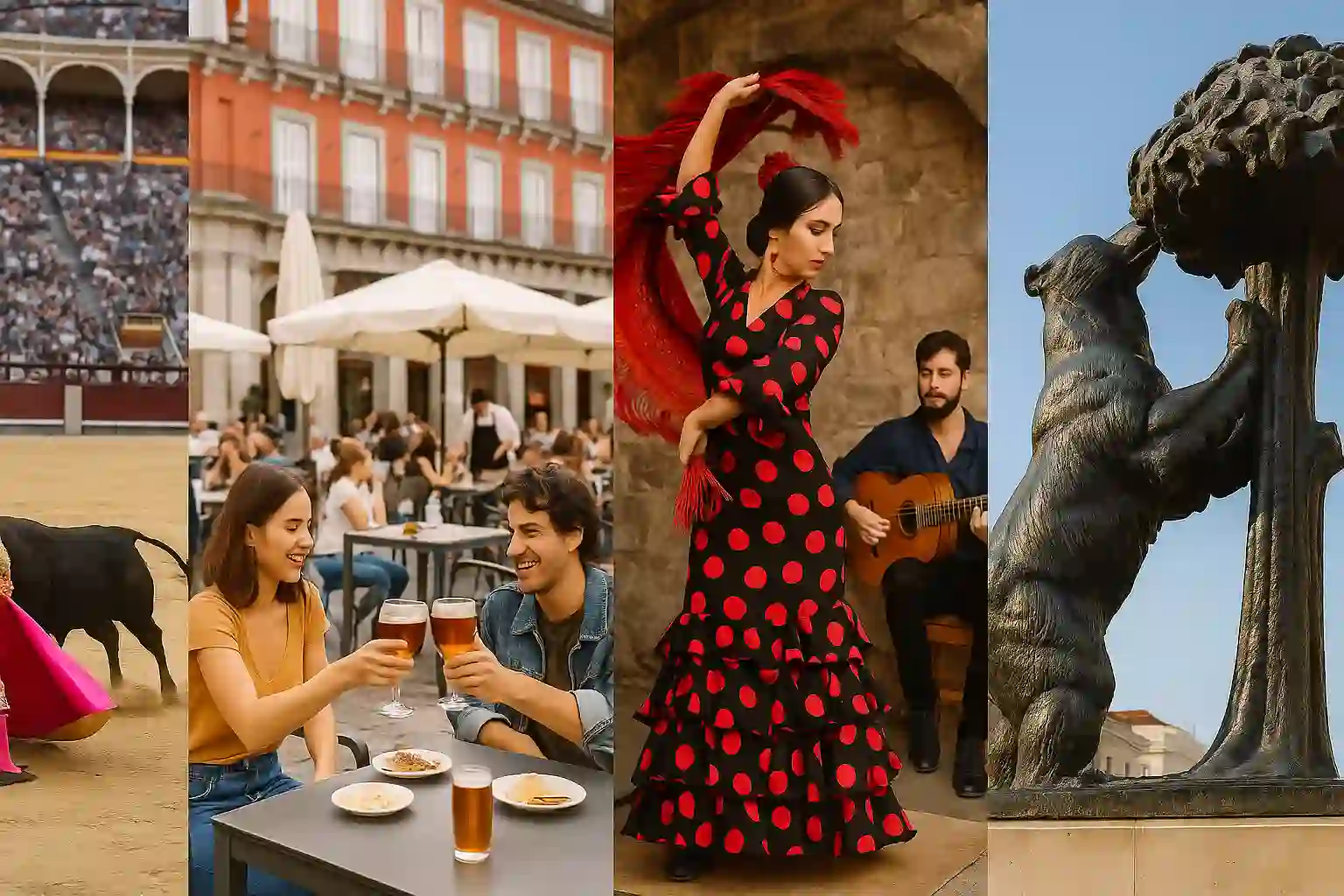 Collage of activities in Madrid, including flamenco, tapas, and walking tours