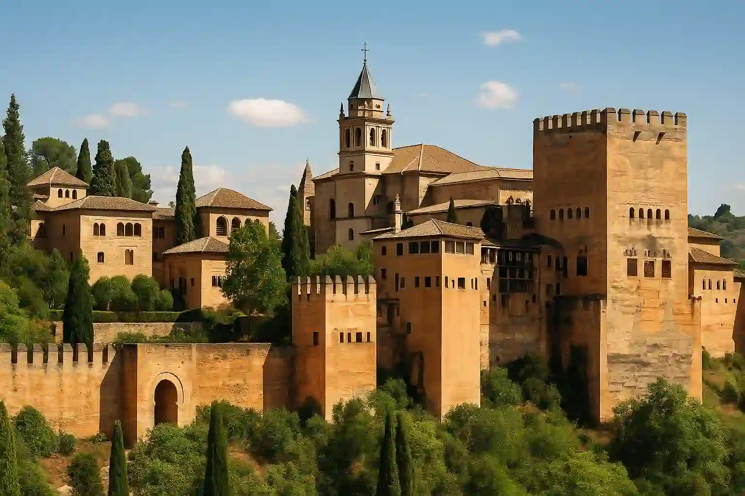 Entrance to the Alhambra with visitors strolling under trees