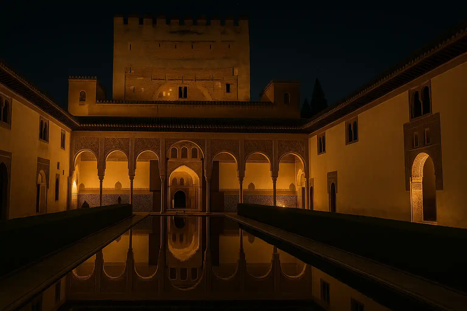 Night view of the Alhambra Nasrid Palaces illuminated with soft golden lights