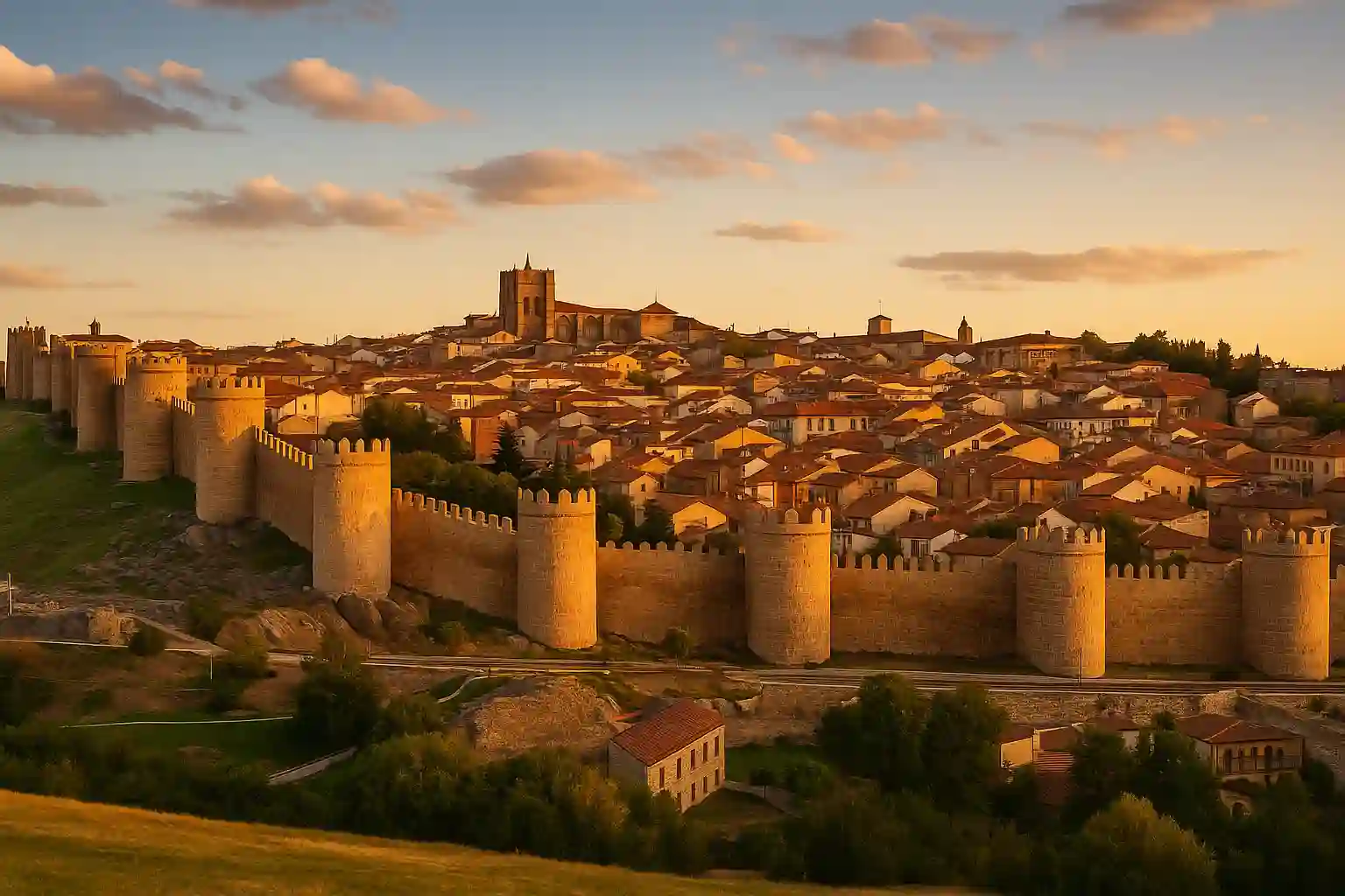 Panoramic view of Segovia’s Roman aqueduct and Ávila’s medieval walls during a guided day trip from Madrid