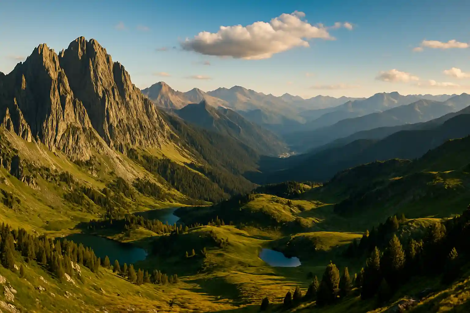 Catalan Pyrenees: jagged peaks above a green valley, a river and a stone village under bright skies