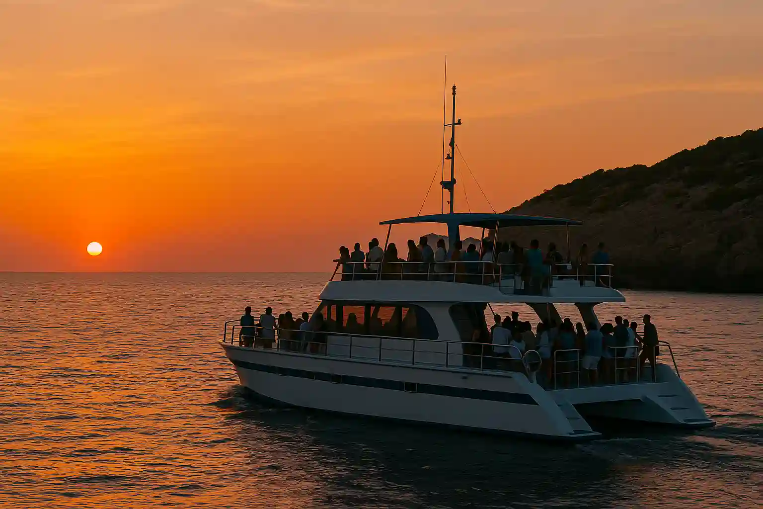 Small sightseeing boat at golden hour leaving Cala’n Bosch with Menorca’s cliffs in soft light