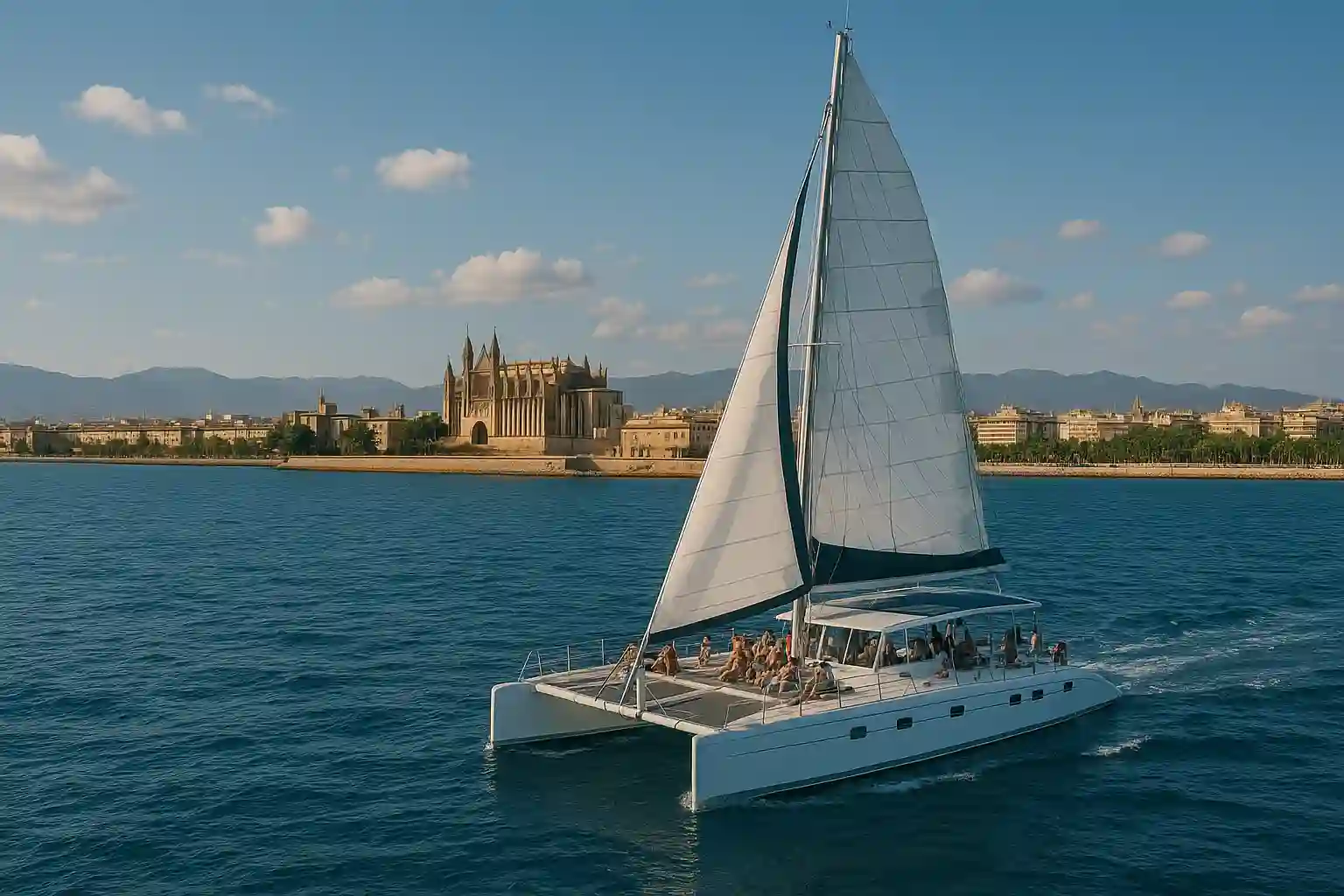 Catamaran anchored in Palma Bay with turquoise water and view of the Mallorca coastline