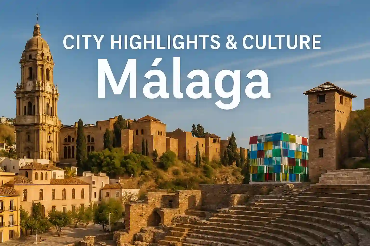 Panoramic view of Málaga’s historic center with Alcazaba and cathedral framed by palm-lined promenades
