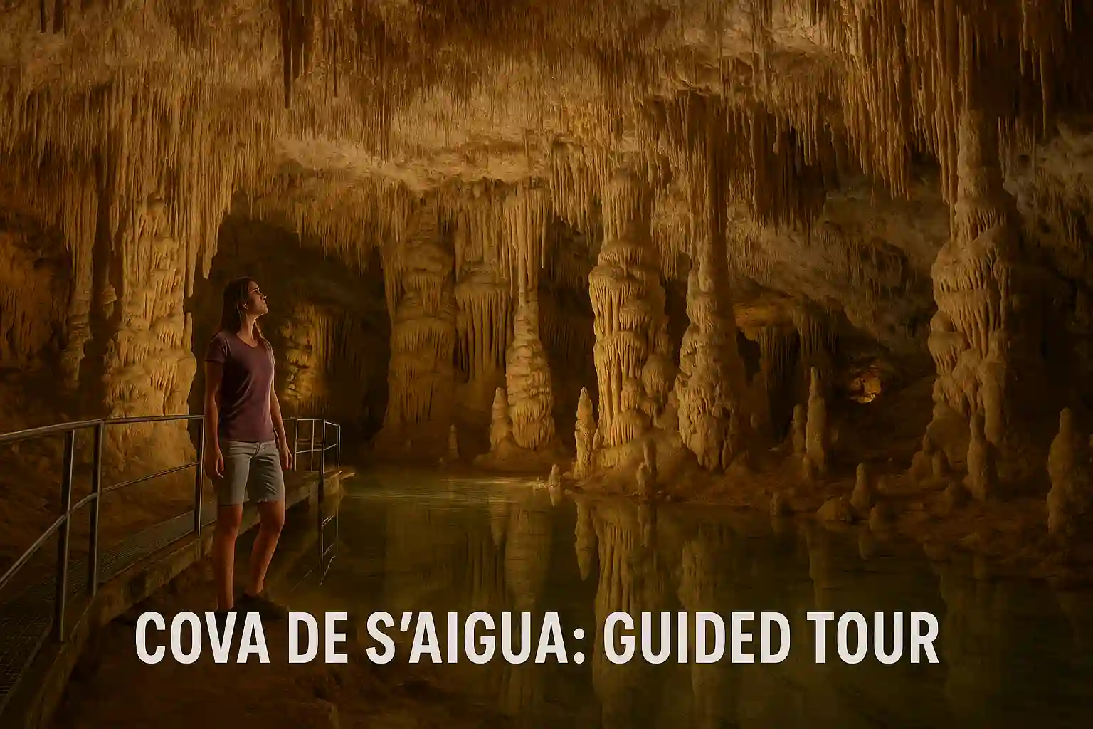 Guided visit inside the Cova de S’Aigua cave in Menorca with stalactites and underground lake reflections