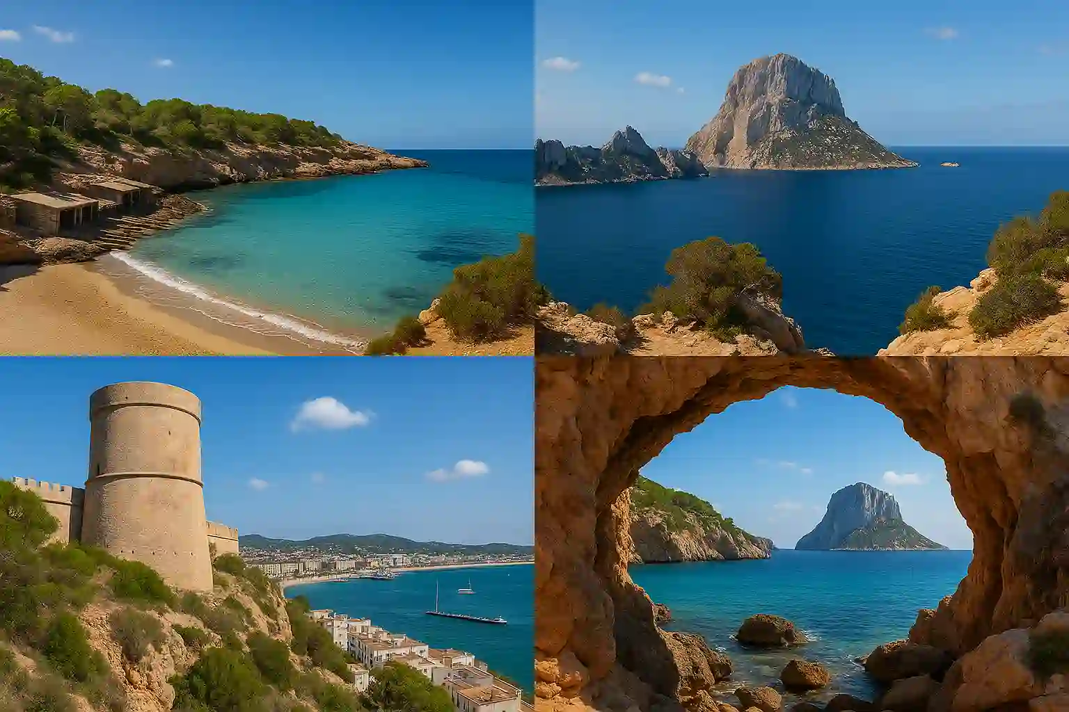 Ferry leaving Ibiza town with turquoise sea and distant islands