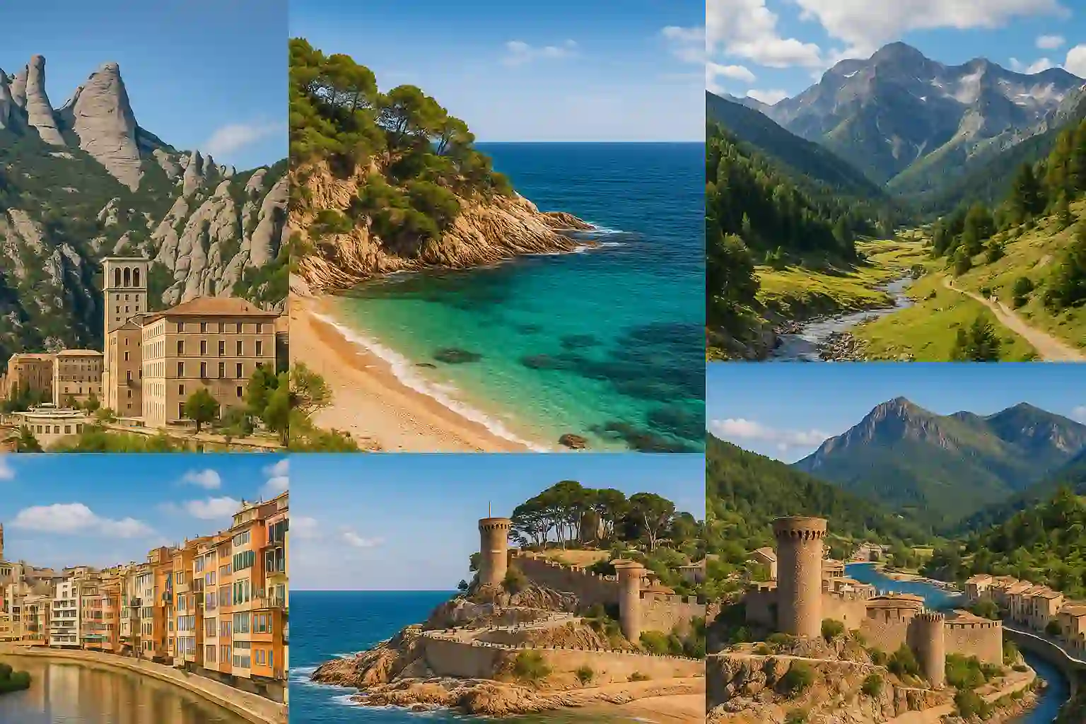 Montage of Barcelona day trips: Montserrat peaks, Girona riverfront, Costa Brava coves, Pyrenees valleys and Andorra village
