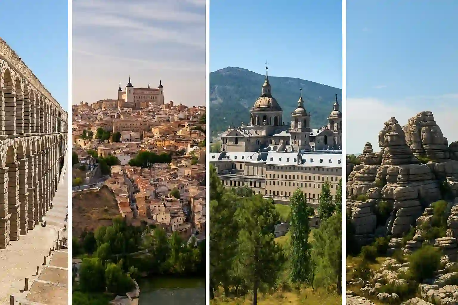 Collage of day trips from Madrid: medieval towns, monasteries, vineyards and mountain vistas