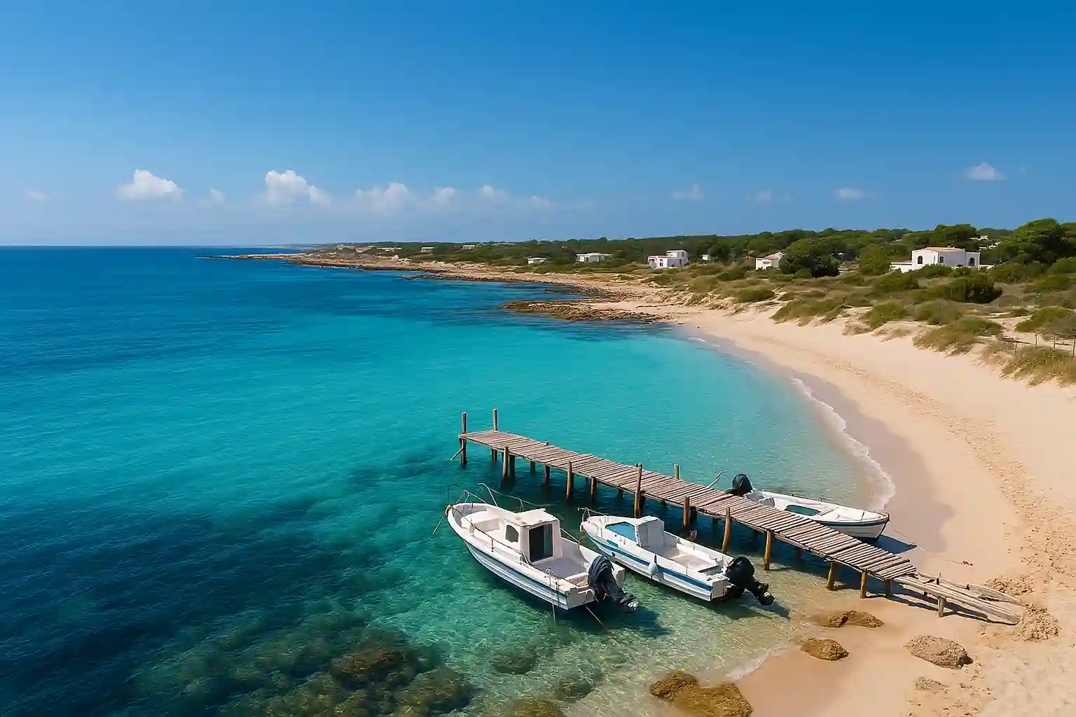 Shallow turquoise water and white sand at Ses Illetes, Formentera