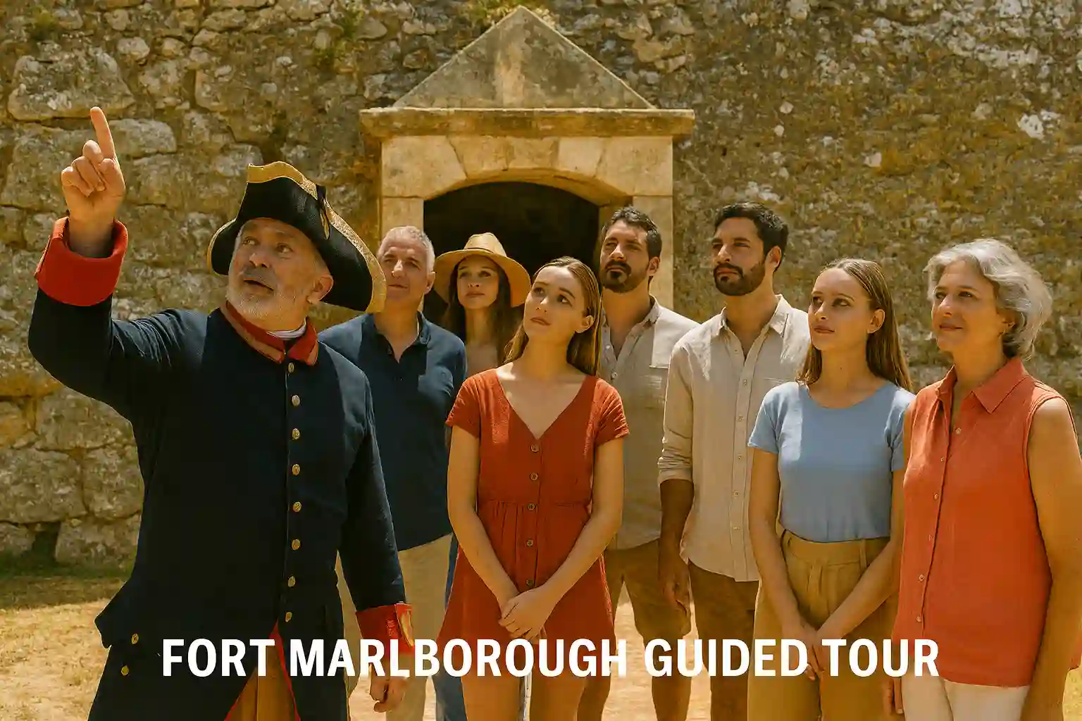 Guided tour at Fort Marlborough in Menorca with stone ramparts and views over Cala de Sant Esteve