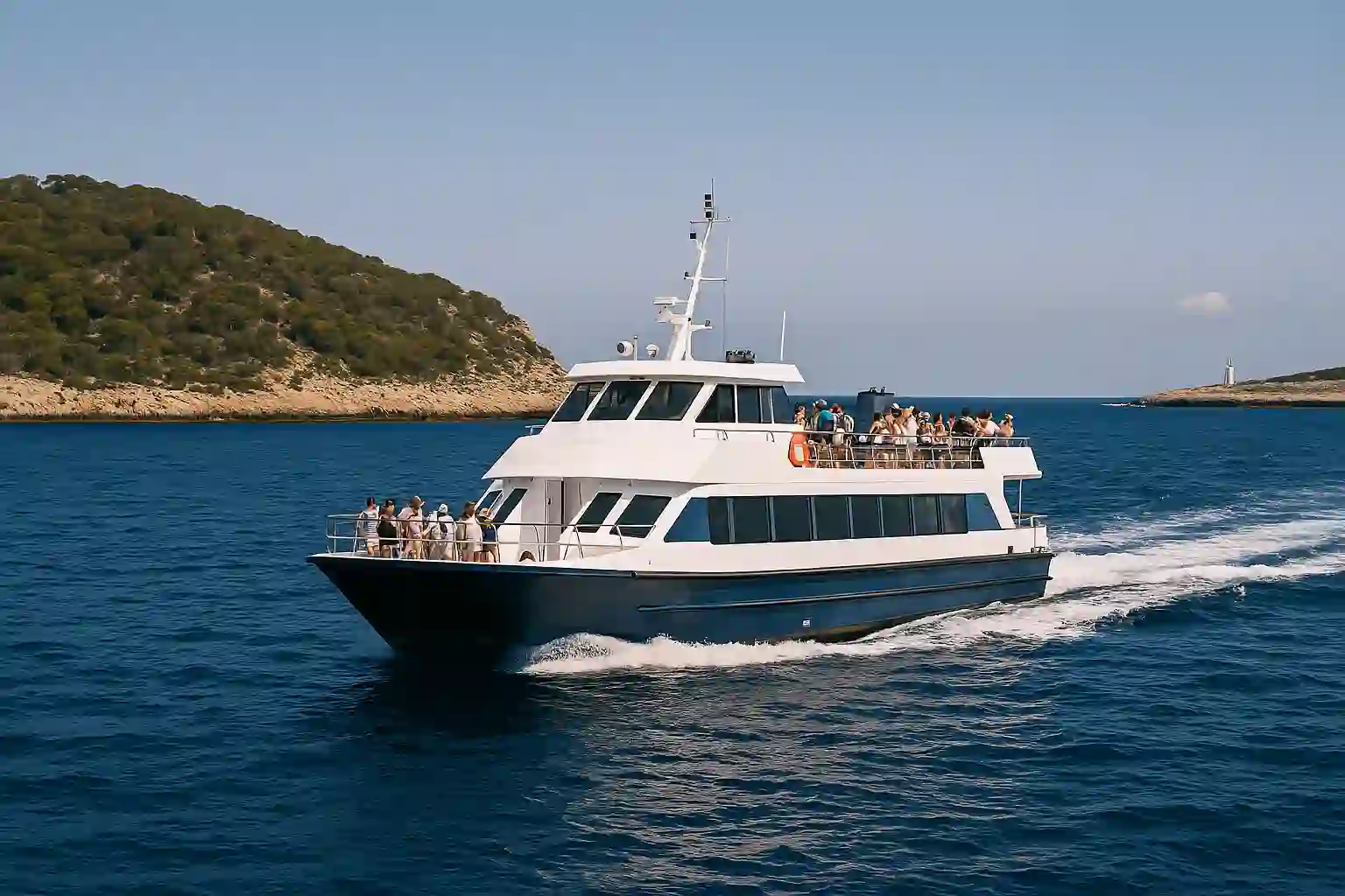 Fast ferry crossing the turquoise channel between Ibiza and Formentera with sunlit wake