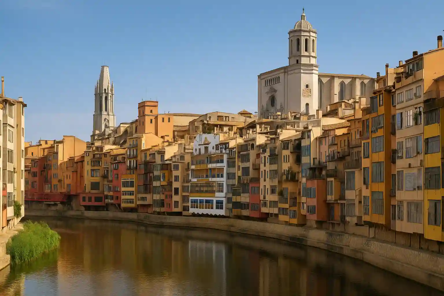 Colorful Onyar river houses and cathedral skyline in Girona on a clear day