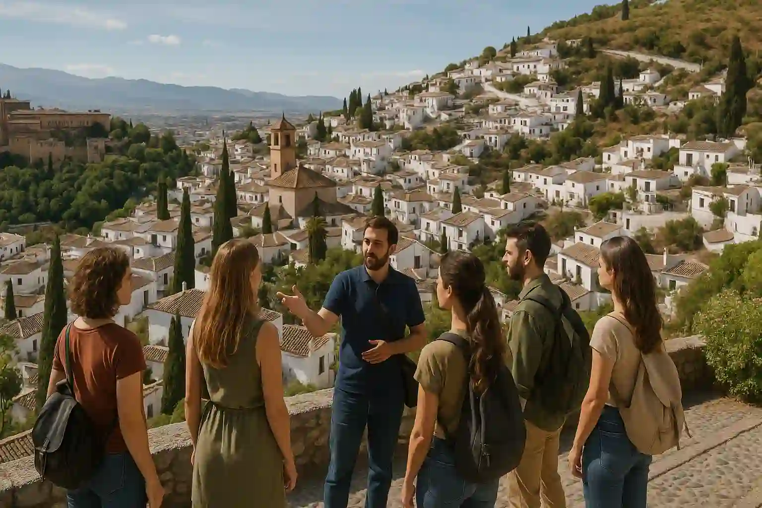 View over Albaicín and Sacromonte in Granada with white houses and Alhambra in the background