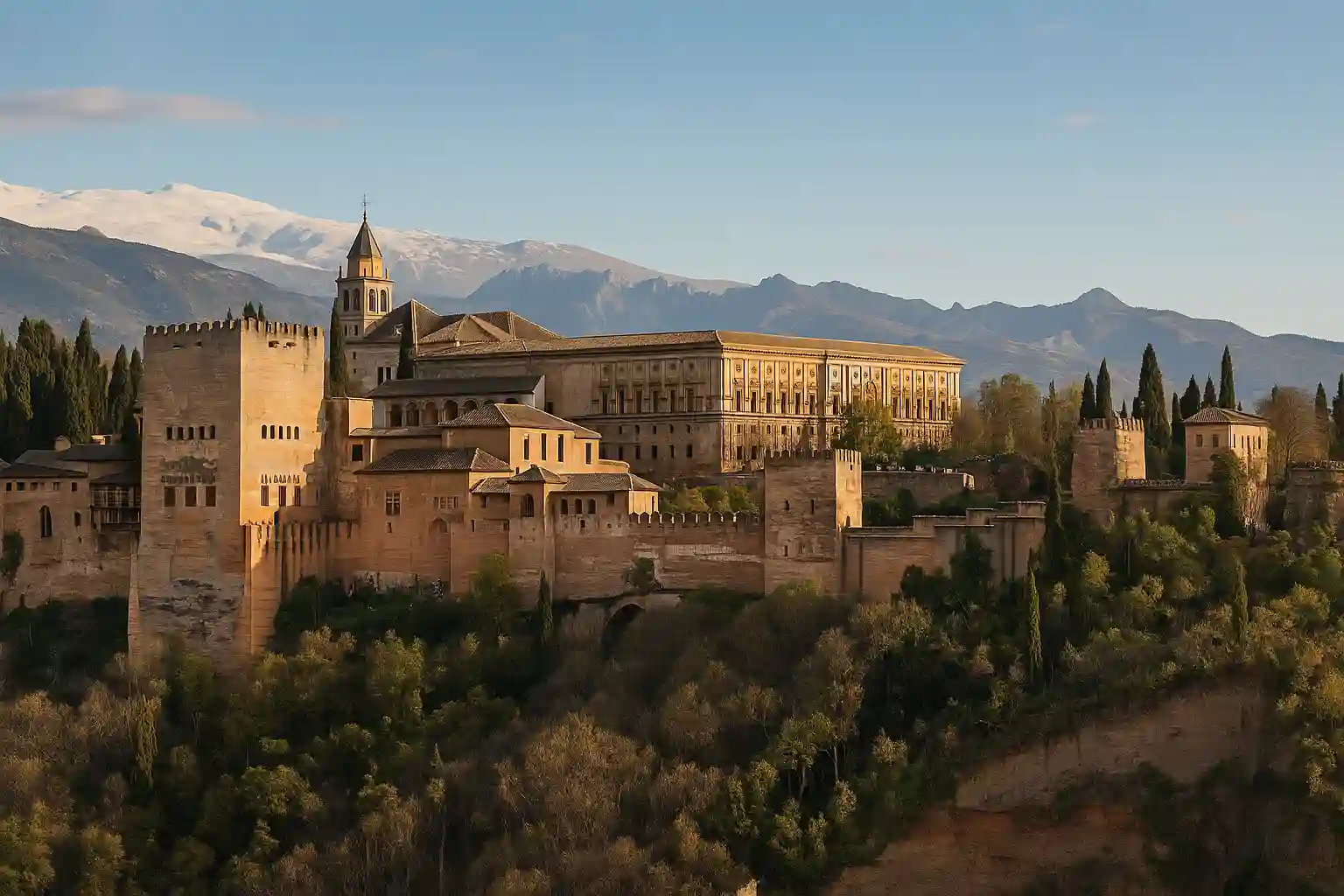 Alhambra and Nasrid Palaces in Granada with gardens and reflecting pools