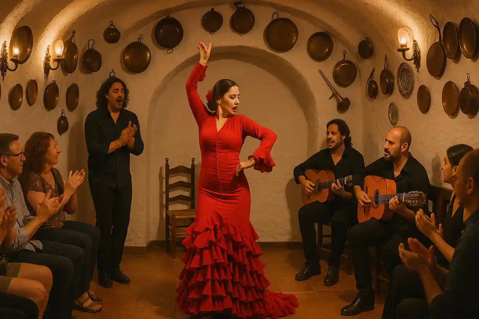 Flamenco performance in a Granada tablao with guitar, cantaor and bailaora in motion