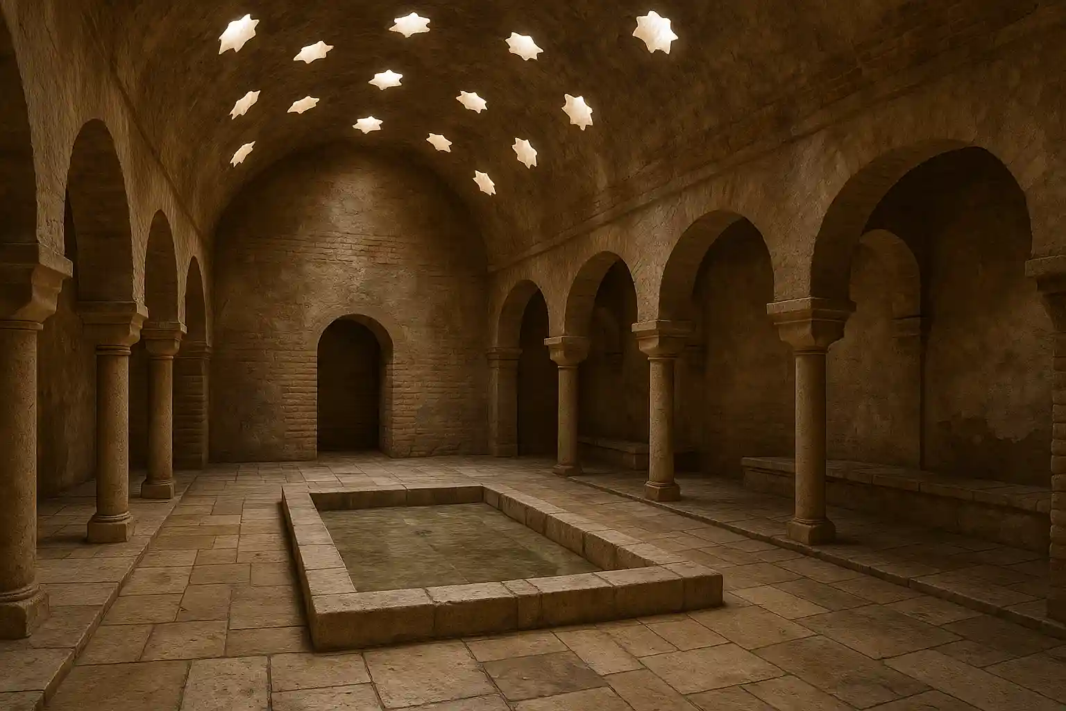 Serene hammam pools in Granada with warm stone, arches and gentle light