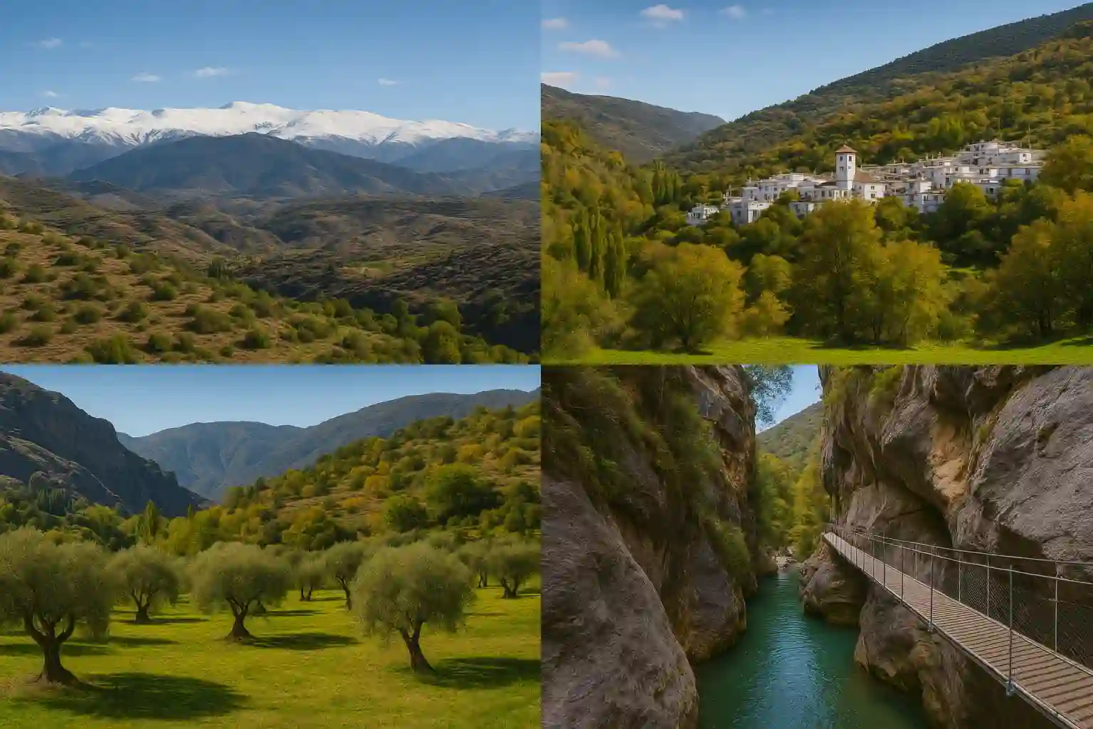 Mountain landscape around Granada: Sierra Nevada peaks, river gorge and Alpujarra villages