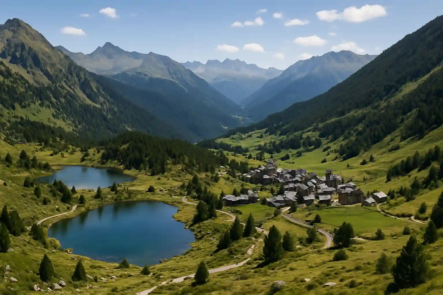 Andorra’s Pyrenean valley with alpine lakes and a stone village surrounded by mountains