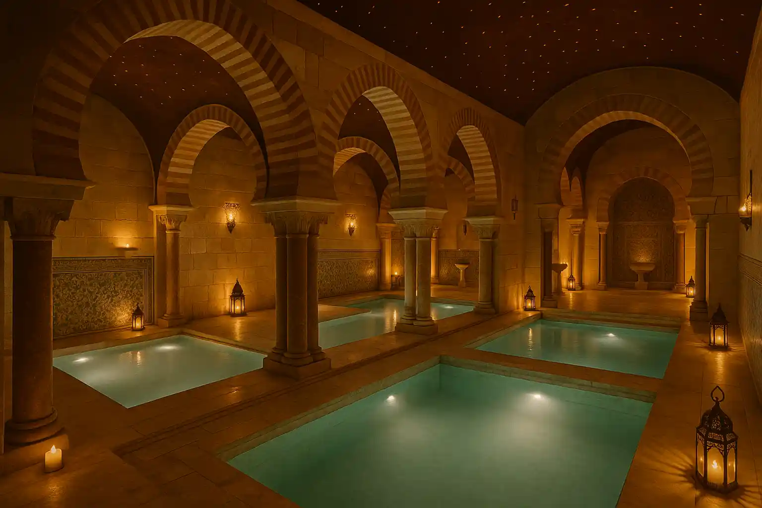 Hammam Baths in Madrid with candle-lit pools and Arabic-inspired design