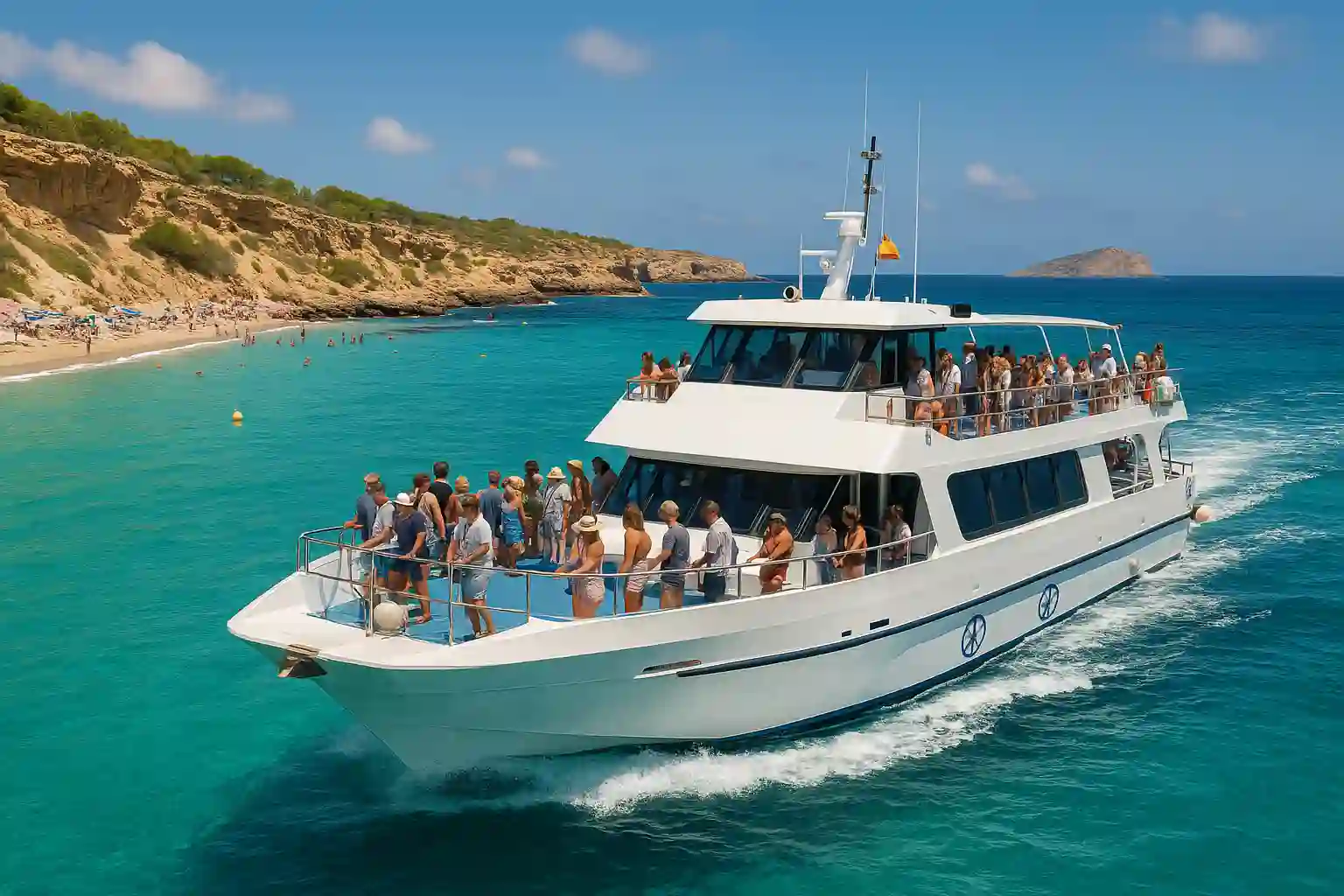 Catamaran anchored in a turquoise cove near Ibiza with swimmers and paddleboards