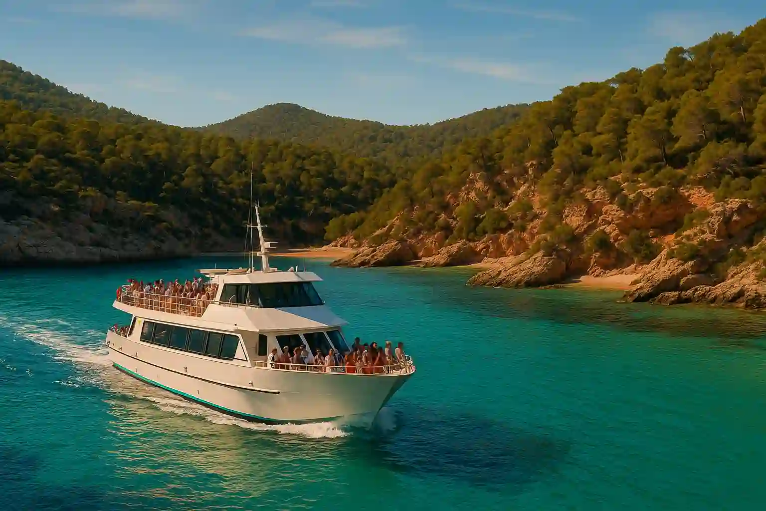 Small cruise boat anchored off Cala Salada with swimmers and snorkelers in turquoise water