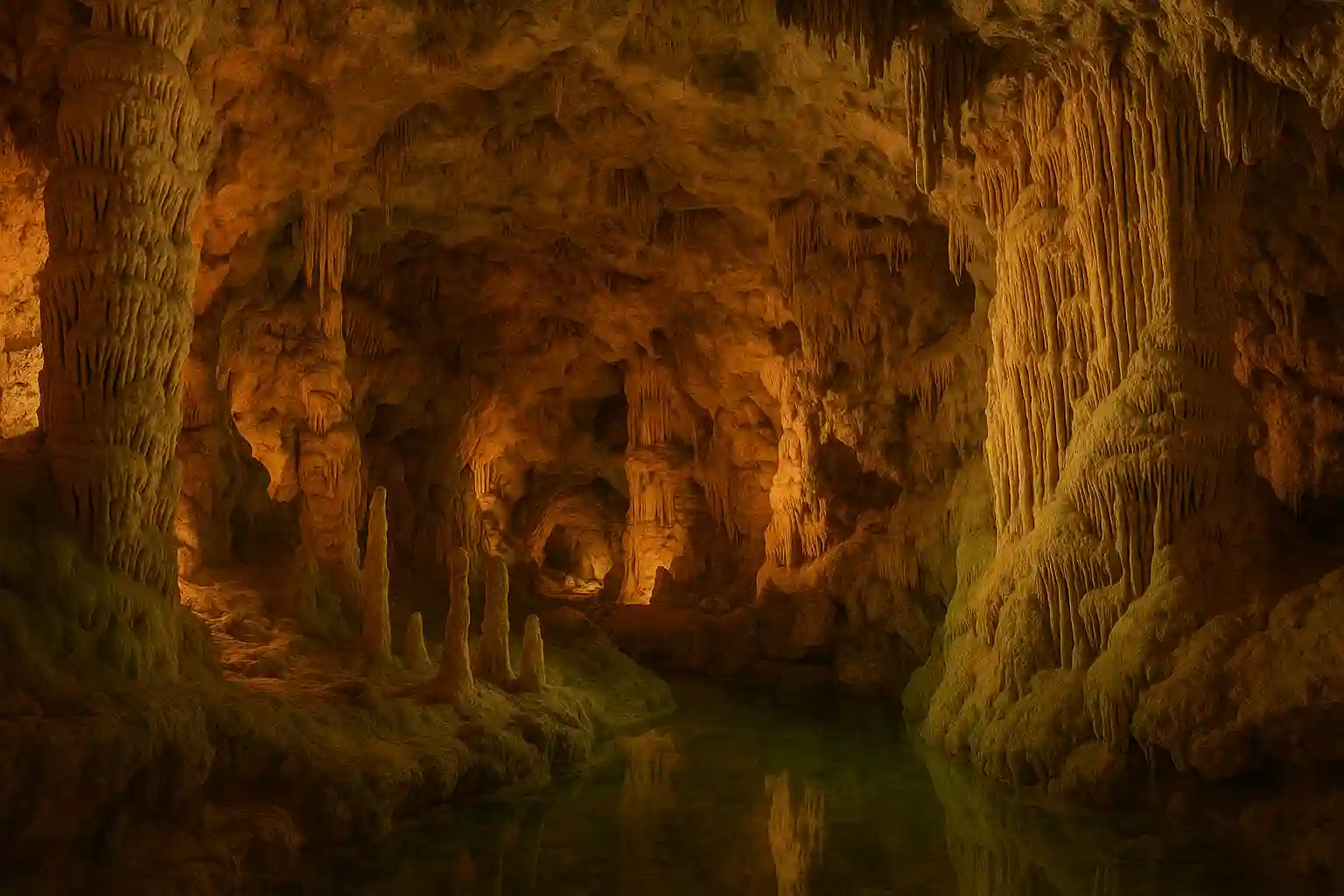 Interior of Can Marça cave in Ibiza with stalactites, stalagmites, and amber lighting