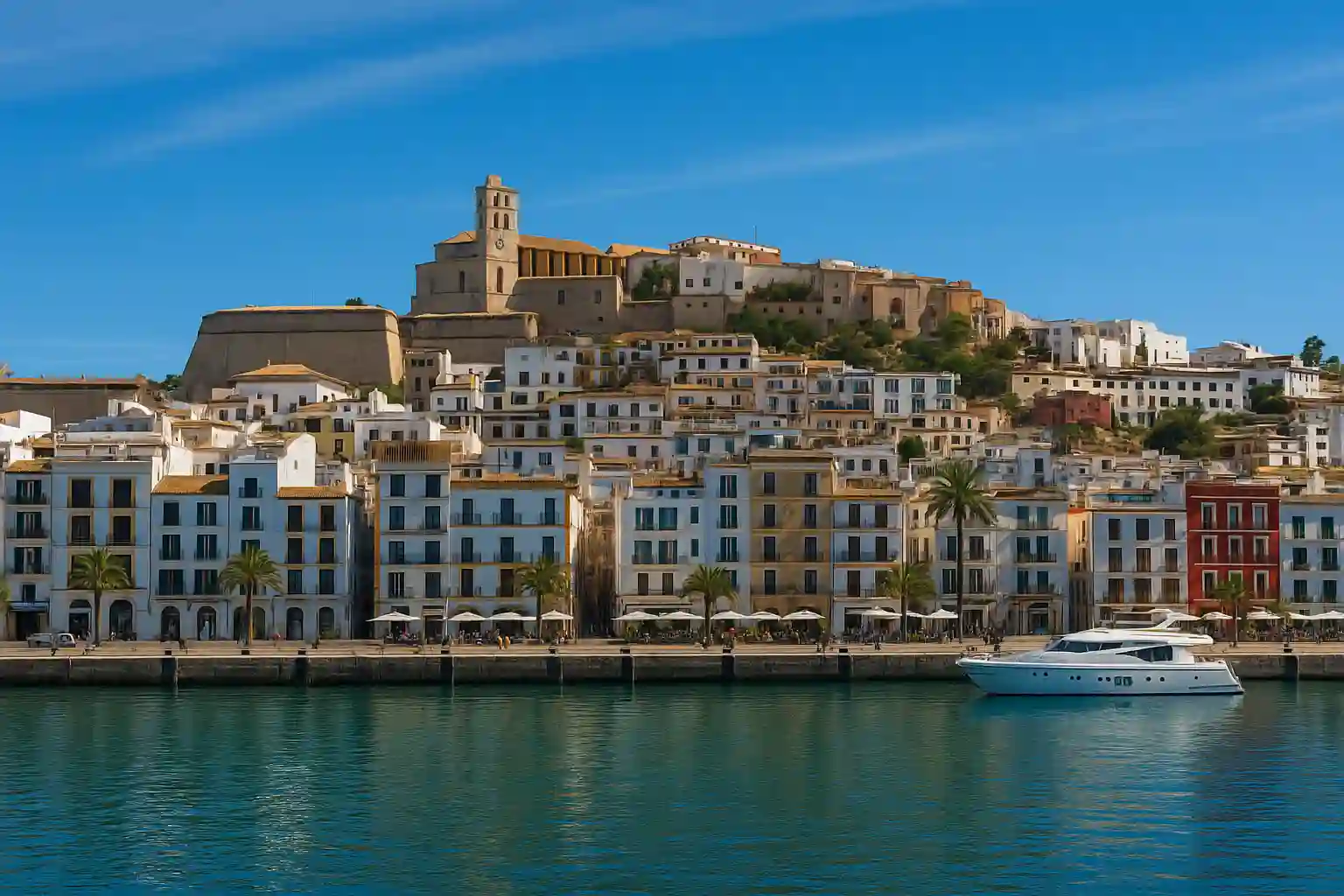 Dalt Vila walls, Santa Eulària promenade, San Antonio bay and Es Vedrà cliffs in one collage