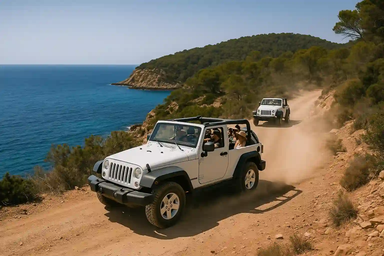 Open-top jeep driving along Ibiza’s coast trails with pine forests and blue sea