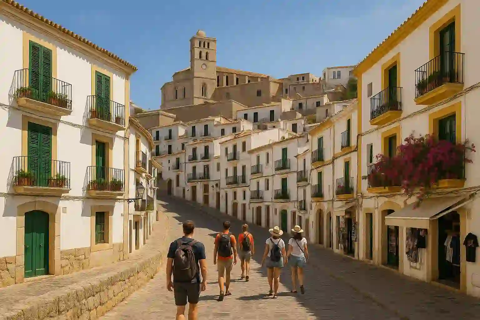 View over Ibiza Old Town Dalt Vila with sea and rooftops at sunset