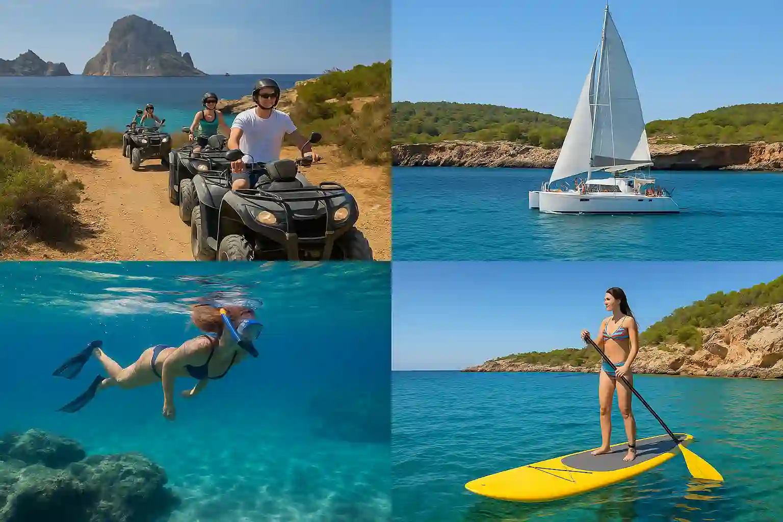 Sailing boats gliding along turquoise Ibiza coves at sunset