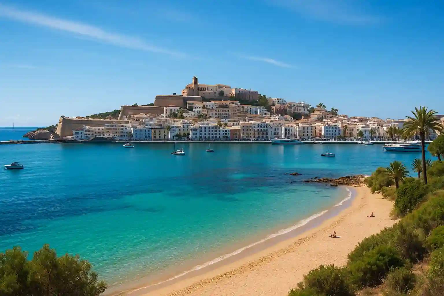 Aerial view of Ibiza's old town Dalt Vila and turquoise coastline