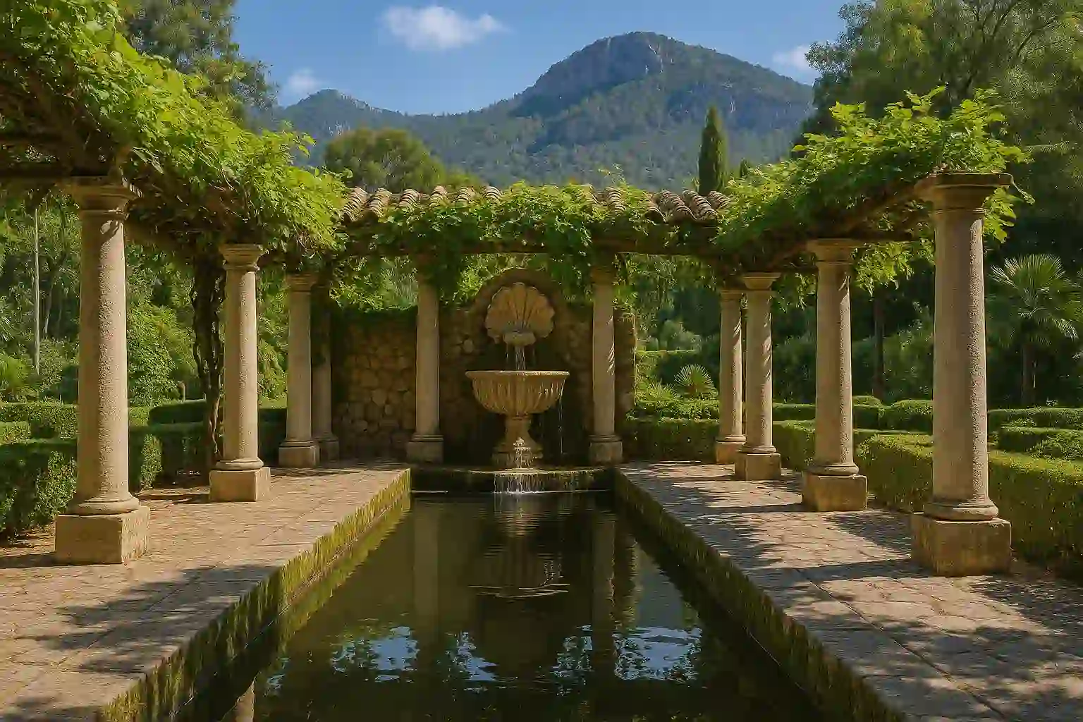 Jardines de Alfabia with stone arches, channels and lush greenery in the Tramuntana foothills