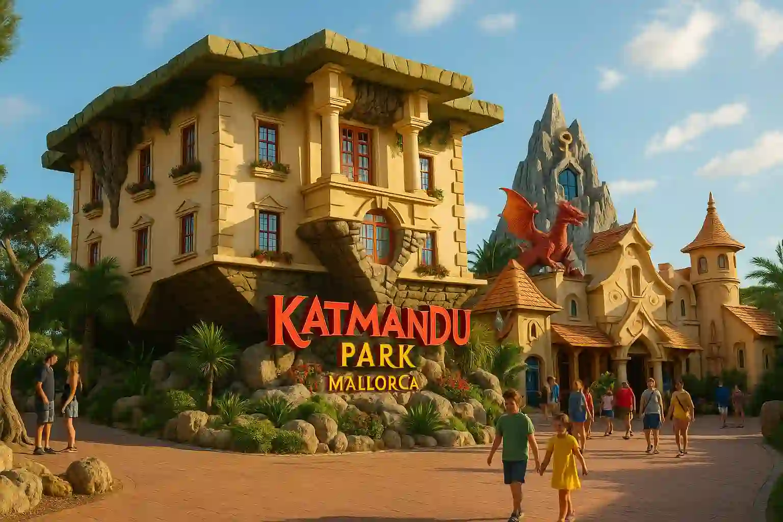 Katmandu Park Mallorca entrance with upside-down house and colorful attractions