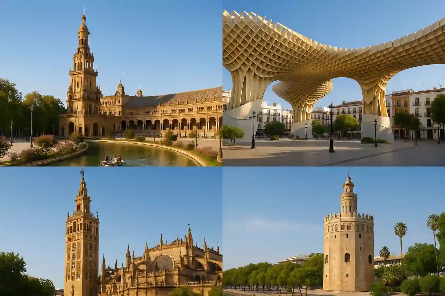 Signature Seville landmarks including cathedral spires, tiled plazas and palm-lined avenues at golden hour