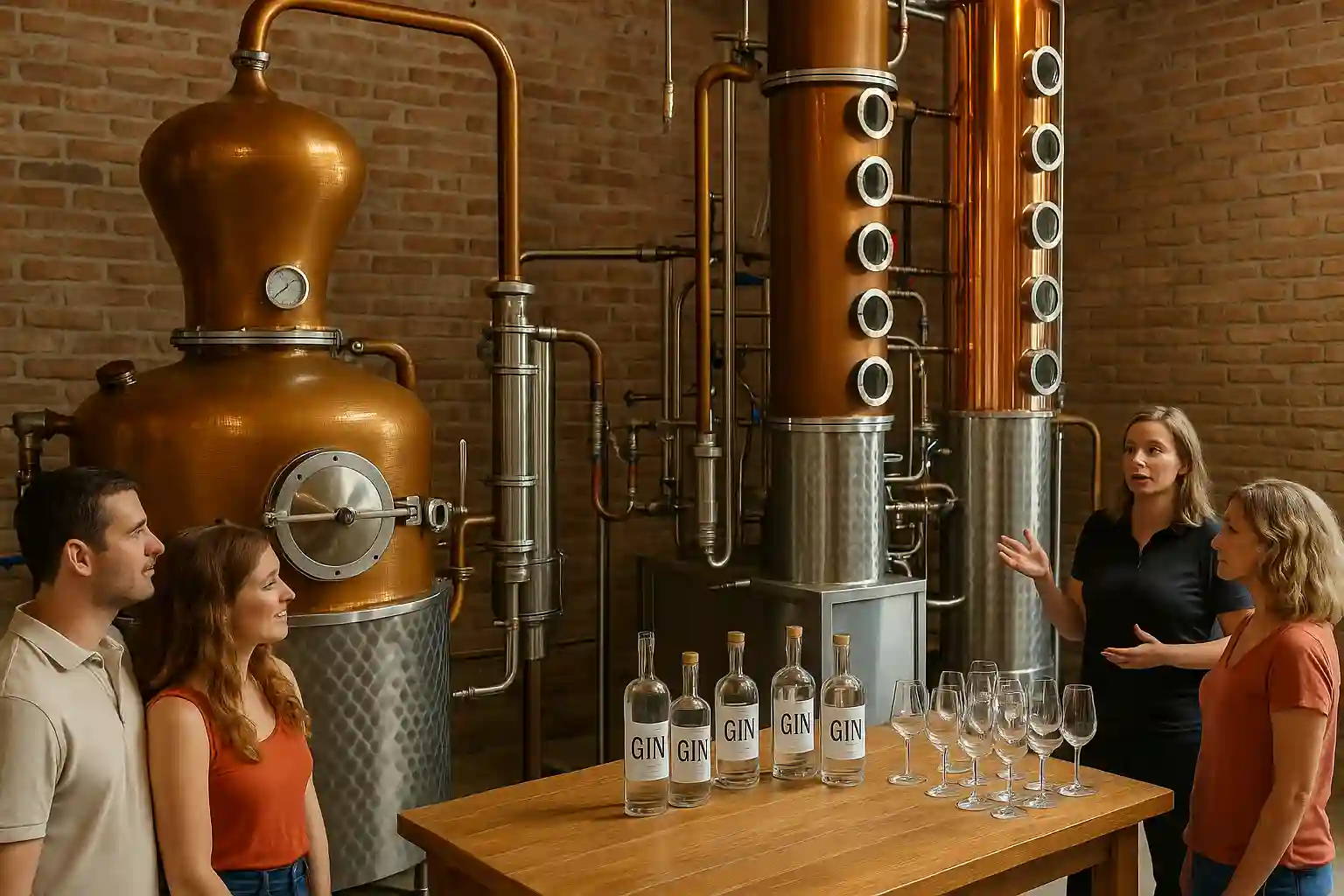 Copper stills and tasting glasses inside a gin distillery in Mahón (Maó), Menorca
