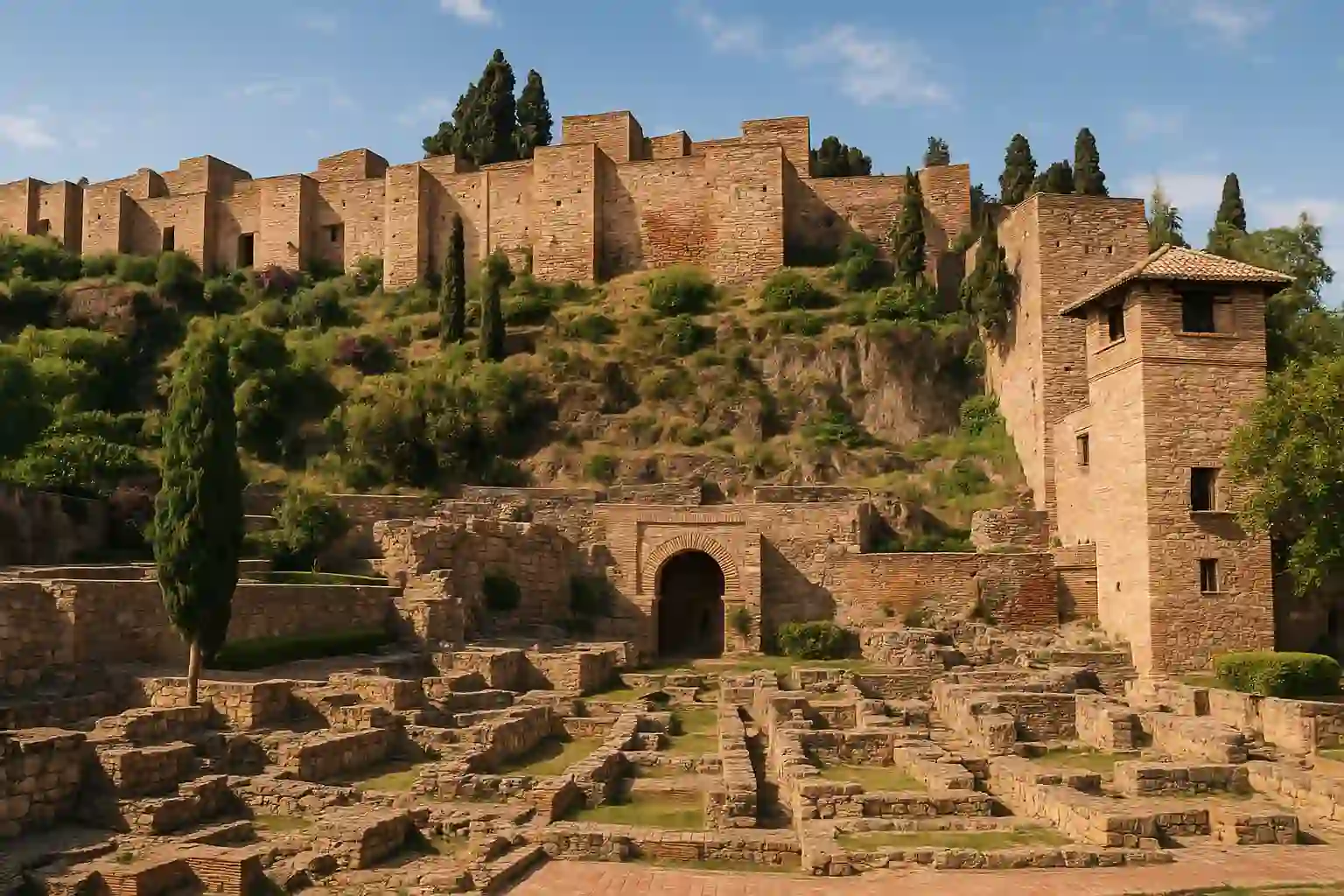 Málaga Alcazaba fortress overlooking the sea and Roman Theatre