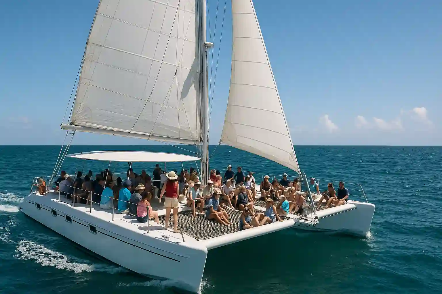 Catamaran sailing off Málaga with soft evening light and calm Mediterranean water