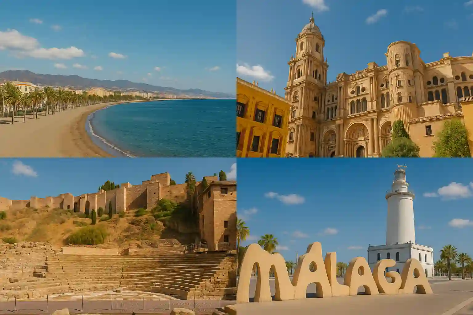 Málaga travel guide header: historic center, Alcazaba walls and palm-lined seaside light.